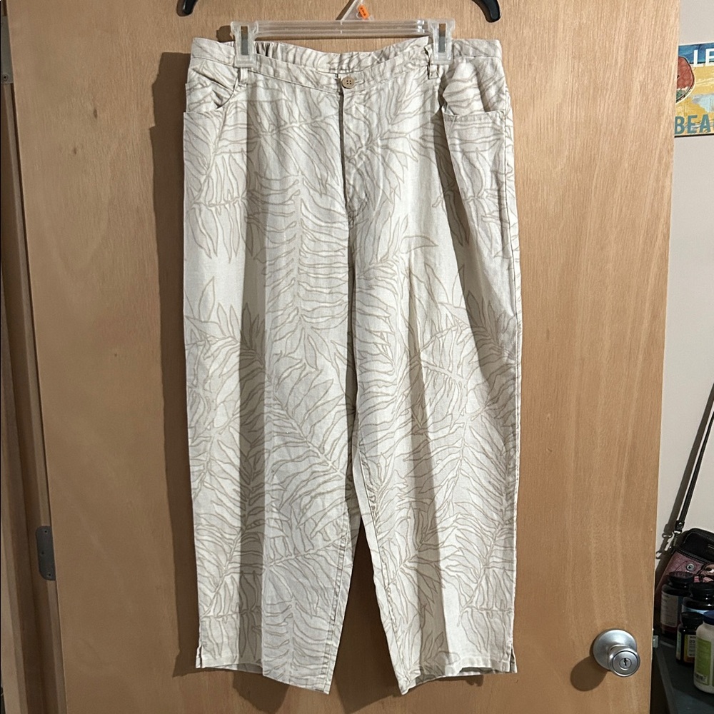 Easy Spirit Beige Leaf Print Linen Pants